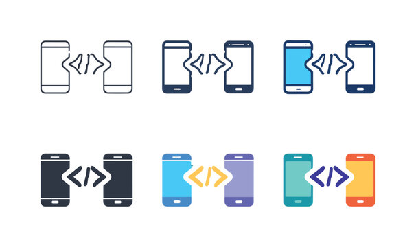 Mobile app development and data transfer icons with coding symbols