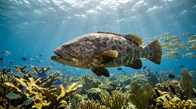 Large grouper fish swimming among coral reef underwater