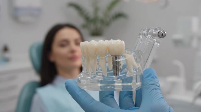 Doctor in glove holding transparent jaw model with dental implant against blurred smiling patient. Demonstration of stomatology services and tooth prosthesis process in clinic.