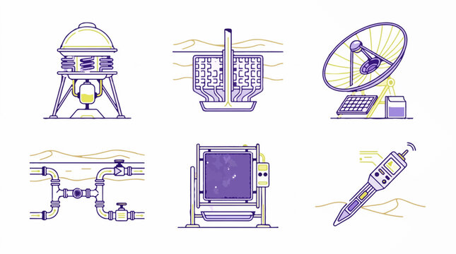Set of six industrial and scientific technology icons featuring energy extraction and communication equipment in a minimalist line art style