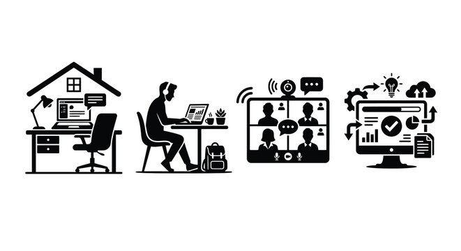 Work from home lifestyle silhouette home office coffee shop video conference and digital workspace