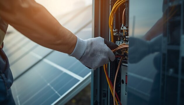 A worker's hand wearing a grey glove carefully manipulates copper wires connected to an electrical panel, with solar panels visible in the background.