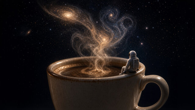 Astronaut contemplating a cosmic coffee universe from the rim of a mug