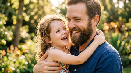Fototapeta premium Happy father and little daughter hugging and laughing in sunlit garden, celebrating Father's Day, warm family bonding, emotional parenting portrait.