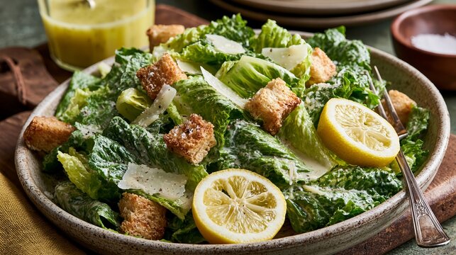 Bright, homemade Caesar salad with dressing is on the table.