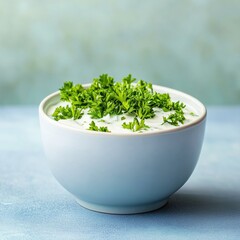 Fototapeta premium Close-up of vibrant fresh parsley on creamy white dip in a light blue bowl, set against a soft blue background. A simple, inviting culinary image showcasing freshness. Food, fresh