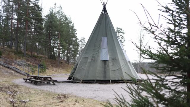 Large teepee standing on the edge of a pine forest surrounded by tall trees creating a peaceful wilderness landscape with outdoor adventure and nature retreat atmosphere