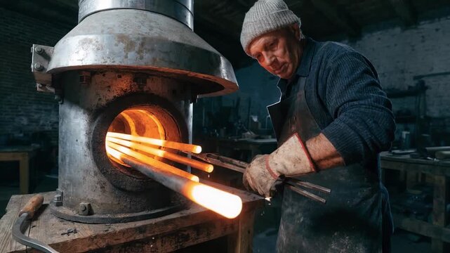 Medium shot of a craftsman using an induction forge to evenly heat bright steel billets focusing on precise temperature control for highquality knife making