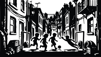Graphic illustration of silhouetted children playing football in a vintage city street scene