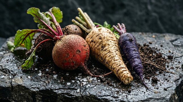 Close up of heirloom root vegetables including raw red beet parsnip and purple carrot with scattered sea salt on a dark wet stone countertop