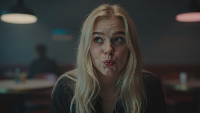 Blonde junge Frau spitzt die Lippen im Cafe