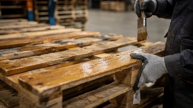 Medium shot of a technician repainting an old wooden pallet highlighting the finishing touches that prolong the life and usability of industrial wood packaging