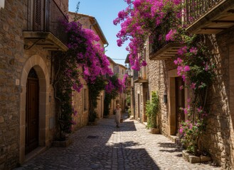 Fototapeta premium Charming cobblestone street adorned with vibrant bougainvillea in a historic village