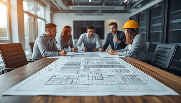 A team of five employees are seated at a conference table, attentively reviewing project blueprints and discussing the details with a project leader.