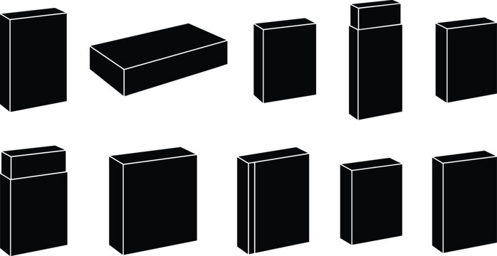 Collection of minimalist black rectangular 3D box shapes, perfect for product packaging mockups, graphic design elements, and branding concepts