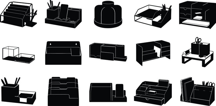 Collection of Office Supplies and Desk Organizers for Efficient Workspace Management and Productivity Tools