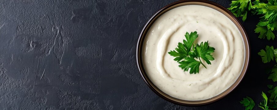 Overhead shot Rich creamy white sauce, fresh parsley garnish in an elegant oval bowl, dark textured backdrop. Versatile dip, dressing, or condiment concept. food, condiment