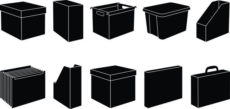 Collection of various storage boxes and organizers, including file holders and plastic containers, presented as black silhouettes on a white background