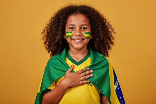 Happy girl with painted cheeks holding brazilian flag football brazilian patriotic cheering national