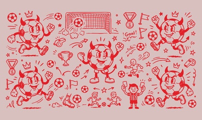 Vintage 1930s Rubber Hose Style Devil Soccer Mascot and Football Championship Tournament Doodle Set © Avartde