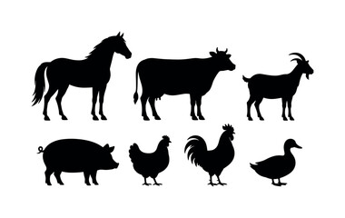 Fototapeta premium Collection of farm animal silhouettes on a white background