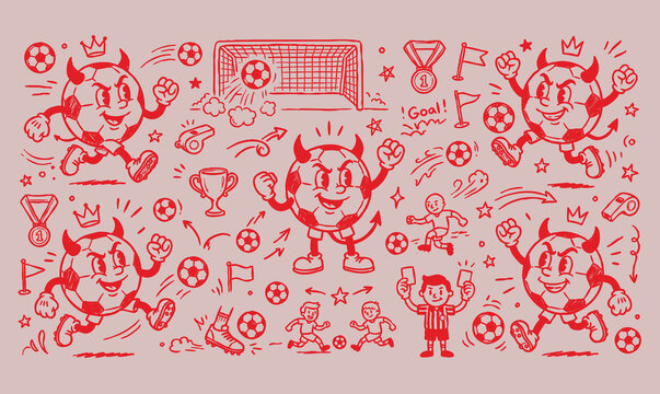 Vintage 1930s Rubber Hose Style Devil Soccer Mascot and Football Championship Tournament Doodle Set