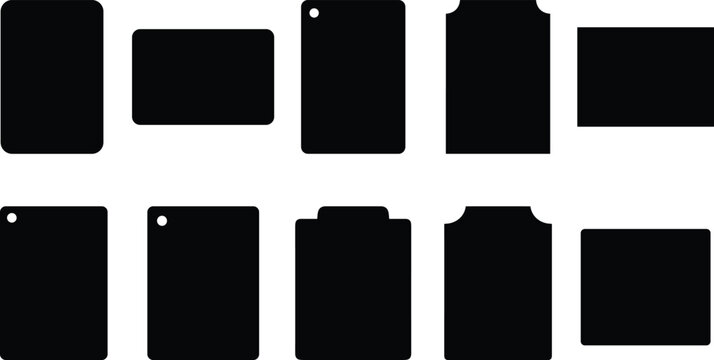 Set of diverse black rectangular and rounded corner shapes isolated on a white background, representing various icons and templates for design