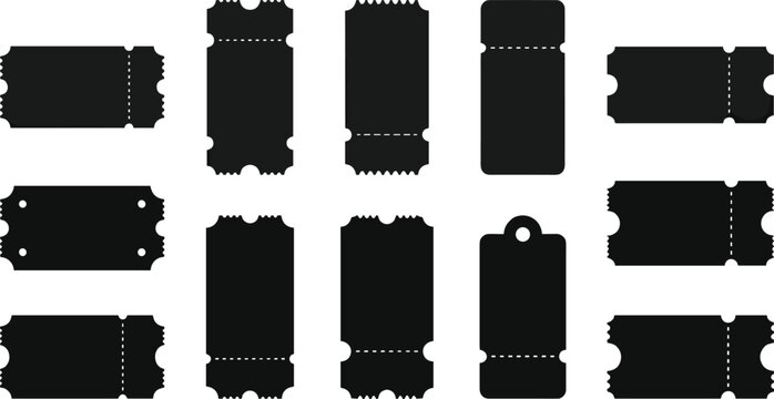 Set of silhouette icons representing various ticket shapes and designs, perfect for event access and admission concepts