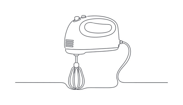 Minimalist line art drawing of a handheld electric mixer for baking and cooking