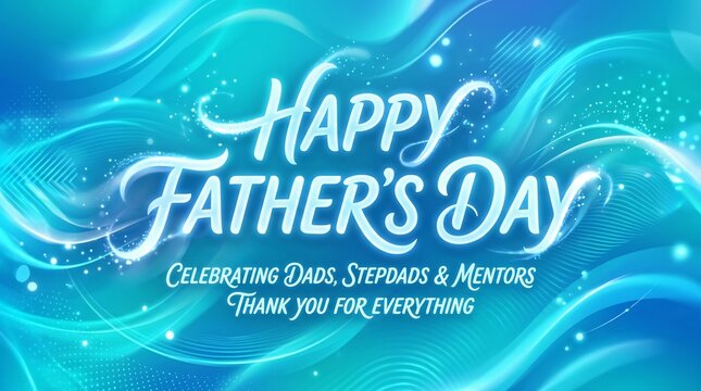 Happy Father's Day elegant greeting card on glowing blue abstract background with white typography honoring dads, stepdads, and mentors.
