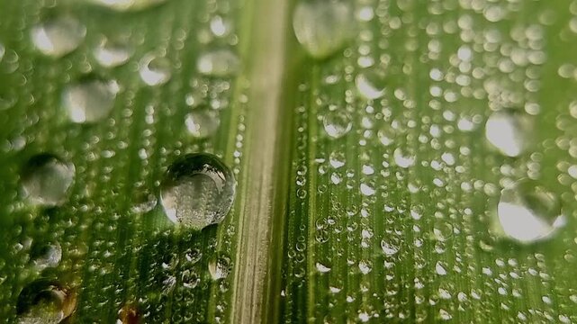 Fresh Water Droplets on Corn Leaf (Zea mays) Sliding Vertically for Organic Skincare Commercial Backdrop 4K Macro Panning Loop