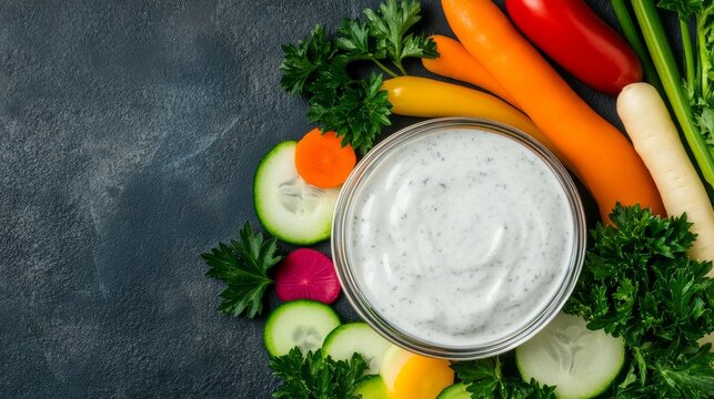 Vibrant Crudit&Atilde;&copy;s Overhead shot of creamy veggie dip with fresh carrots, cucumbers, peppers and parsley on dark, promoting healthy snacking. Wholesome., Appetizer, Nutrition