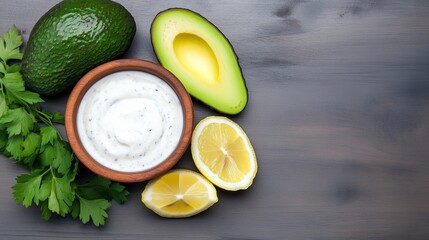 Vibrant flat lay Whole and sliced avocado, lemon, parsley, creamy herb dip on dark wood, ideal for fresh guacamole or healthy dressing. ,Avocado ,HealthyFood