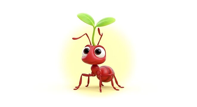 Friendly cartoon red ant with a green plant sprout growing from head