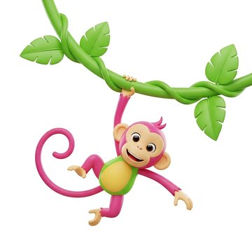 Playful 3d pink and green monkey swinging on a jungle vine