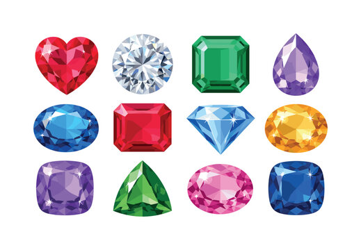 Collection of sparkling, faceted gemstones in various shapes and colors