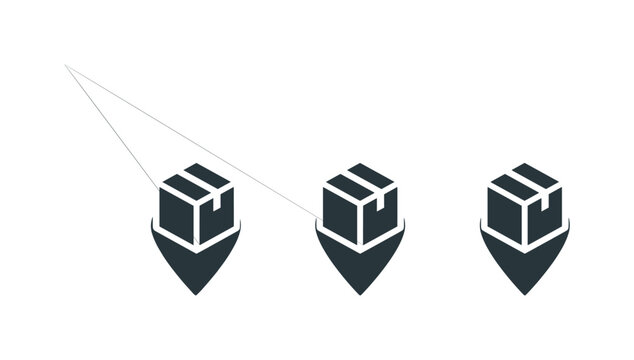 Final stretch metaphor visualized as a location pin merged with a small parcel cube forming one unified symbol, same silhouette