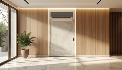 Fototapeta premium A contemporary interior hallway showcases a marble-clad door framed by warm wooden paneling and illuminated by soft natural light from large windows.
