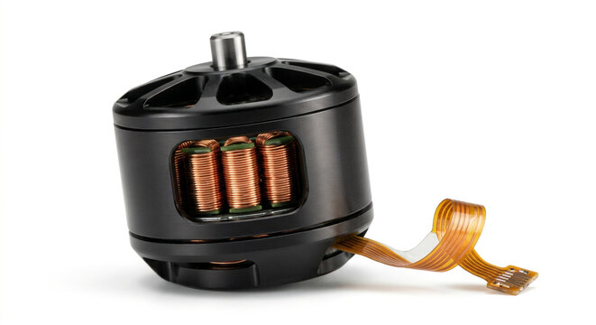 Extreme macro of a micro brushless gimbal motor for a drone camera, featuring copper windings and a flexible ribbon cable, isolated on white.