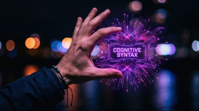 A hand holding a glowing digital orb with the words 'Cognitive Syntax' illuminated within it, symbolizing artificial intelligence and technological advancement
