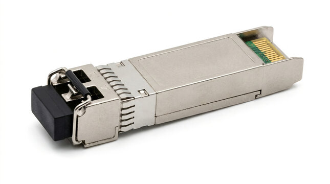 Studio shot of a bare fiber optic SFP transceiver module with metallic housing and exposed gold PCB edge contacts, isolated on white.