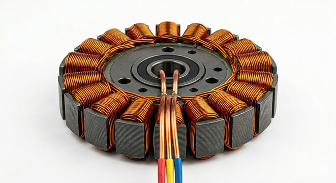 Extreme macro of an e-bike heavy-duty brushless motor stator showing copper wire coils and laminated steel core, isolated on white.