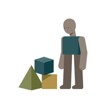 Individual standing before a small set of foundational abstract shapes, beginning to examine core assumptions through quiet