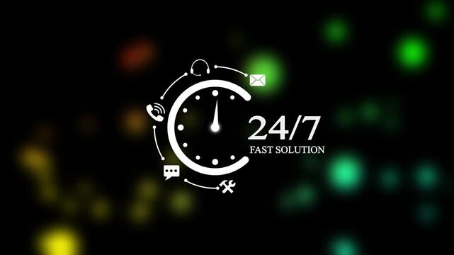 White Animated 24/7 Fast Solution Clock Icon on Black Background for Quick Technical Fixes, Urgent Customer Support, and Emergency Assistance.