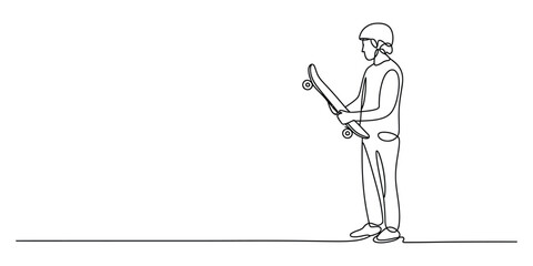 Young man standing and holding a skateboard in a continuous line drawing style © Icon_gallery