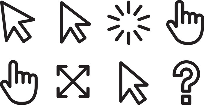 Computer mouse cursor and hand pointer line art icons set for website user interface design