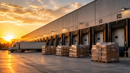 Obraz premium Delivery truck loading pallets at distribution warehouse during sunset