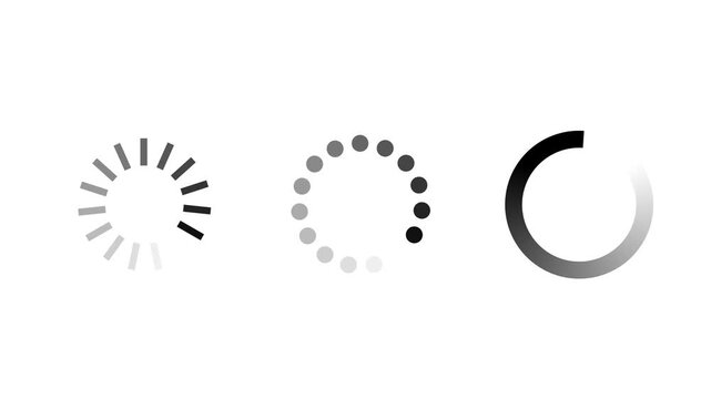 Animated Black Loading and Buffering Circle Spinners Pack on White Background for Web Interface and System Processing.