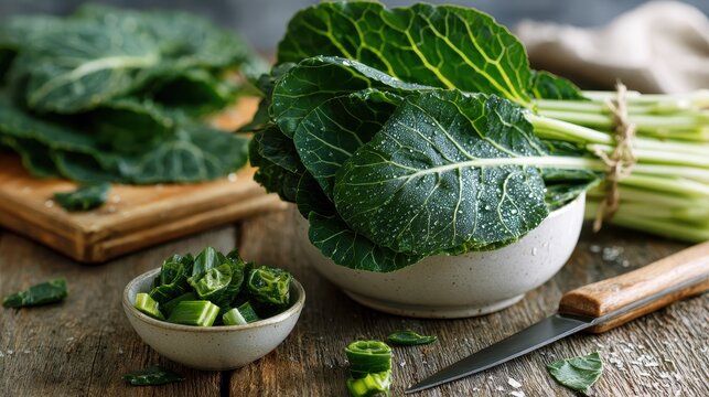 Leafy greens display: collards arranged on a wooden surface with soft, natural lighting