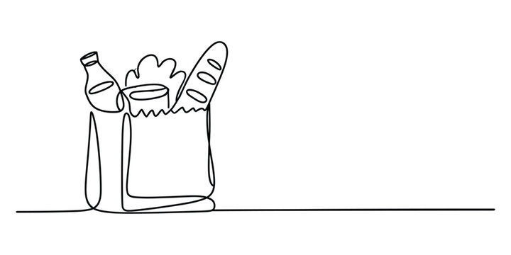 Continuous line drawing of a grocery shopping bag with bread and a bottle